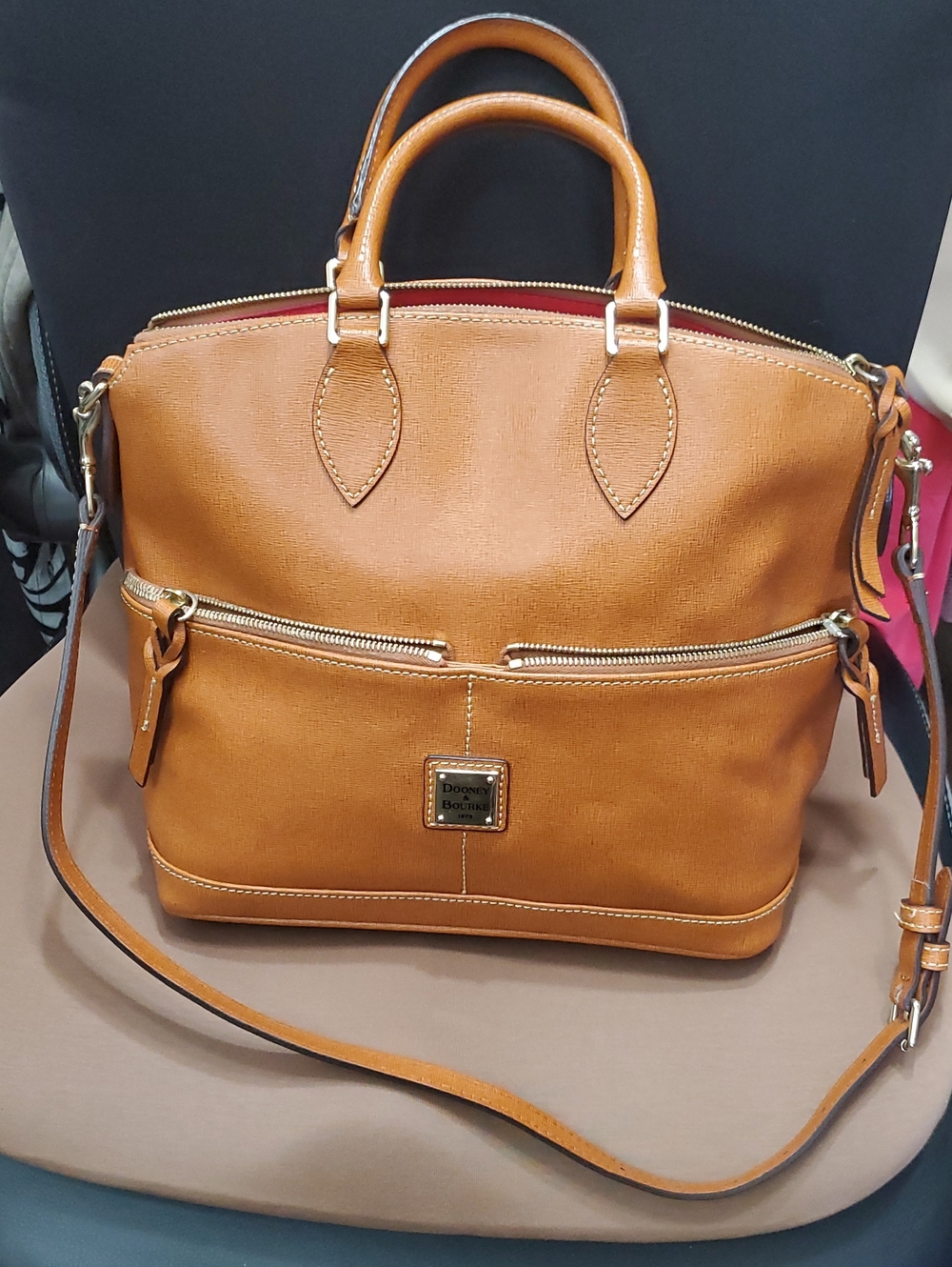 Dooney & Bourke Saffiano Leather Double Pocket Satchel.